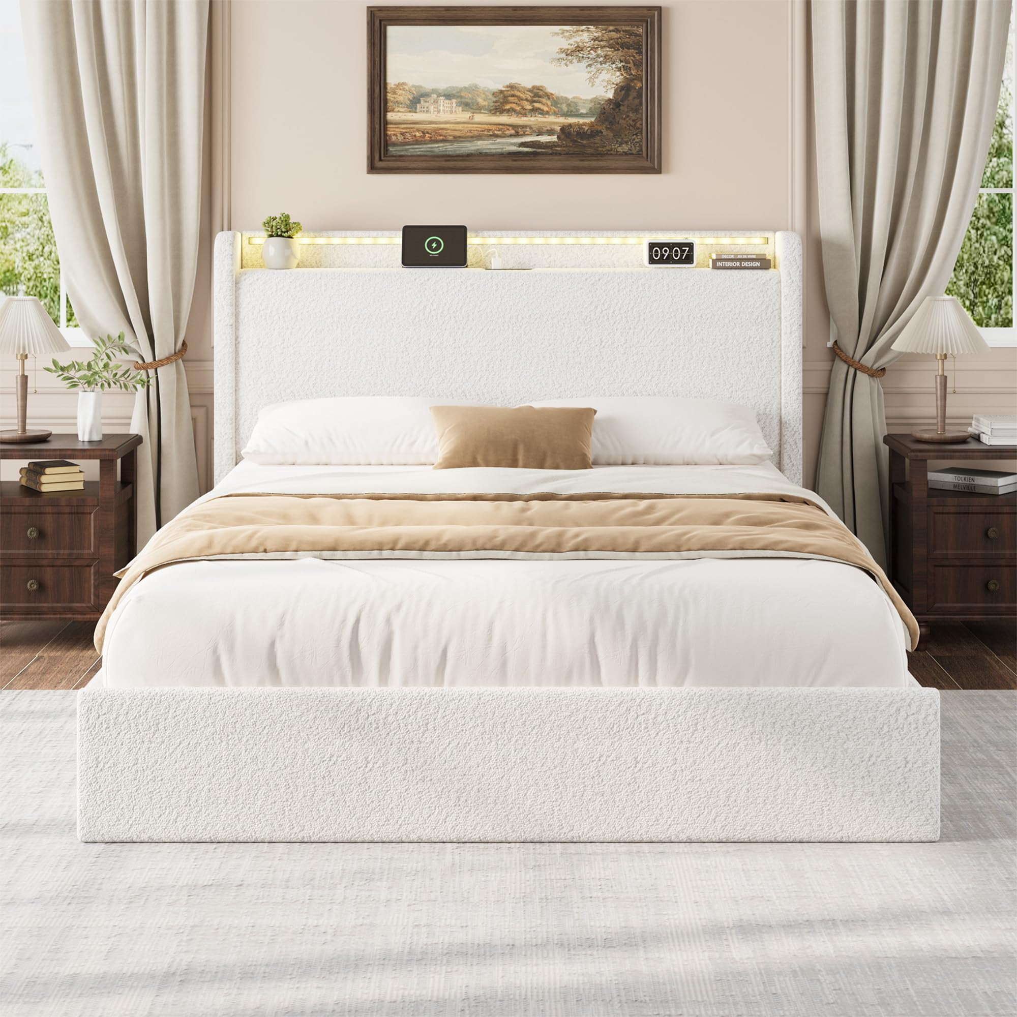 Ataucjin Full Size Boucle Bed Frame with Storage Headboard, Charging ...