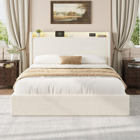 Ataucjin Full Size Boucle Bed Frame with Storage Headboard, Charging Station and LED Lights, Upholstered Platform Low Profile Bed Frame with 4 Storage Drawers, No Box Spring Needed, Noise Free