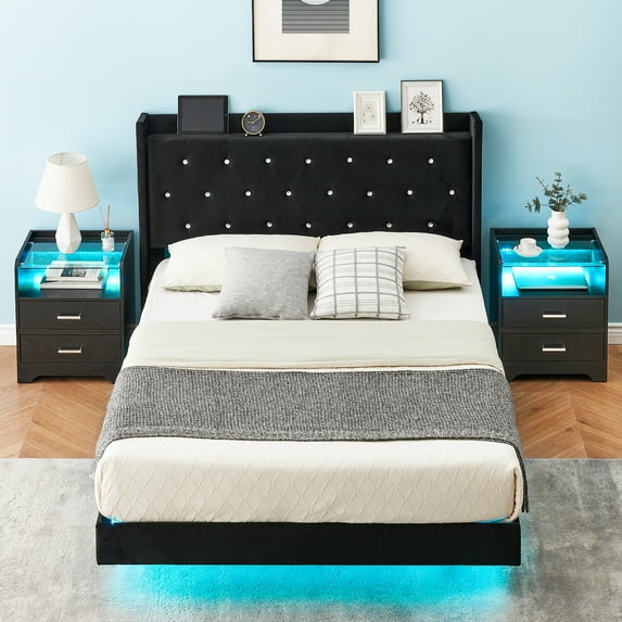 Ataucjin Full Size Floating Bed Frame With LED Lights Modern Upholstered Platform Queen Bed Frame With Wingback Storage Headboard Wood Slats Support No Box Spring Needed Easy to Assemble