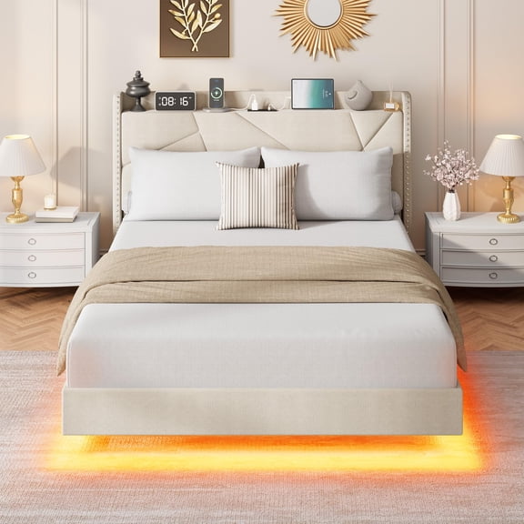 Ataucjin Full Size Floating Bed Frame,Suspended Bed with RGB LED Lights and Charging Station,Upholstered Bed Frame Platform Bed with Headboard and Button Tufted,No Box Spring Needed