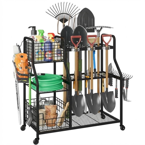 Ataucjin Garden Tool Organizer With Wheels, Rolling Metal Yard Storage Rack, Freestanding Garden Tool Stand with Basket for Yard Shed