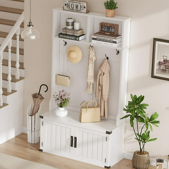 Ataucjin Hall Tree with Shoe Storage Bench, 4-in-1 Entryway Bench with Coat Rack & Adjustable Shlef & 2 Wood Door, Hall Tree with Metal Corner & 5 Tri-Hooks for Entryway,Bedroom, Living Room