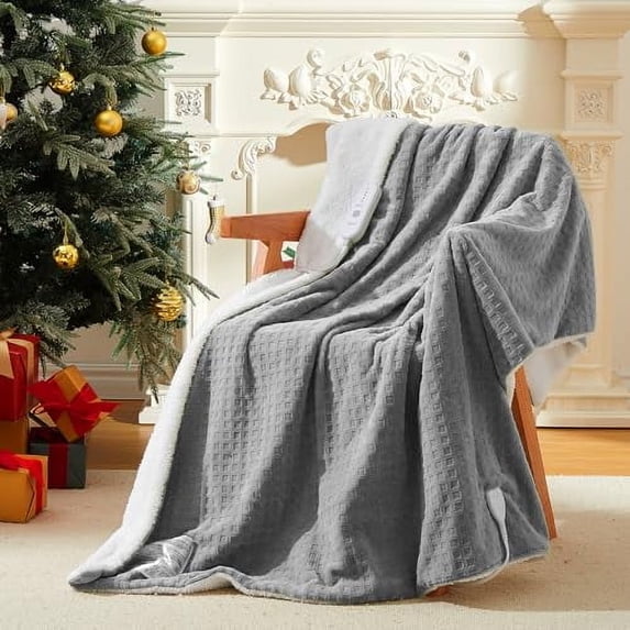 Ataucjin Heated Blanket Electric Throw,Heated Throw Electric Blanket,Soft Flannel & Sherpa Waffle Heating Blanket With 5 Heating Levels & 4 Hours Auto Off,Machine Washable For Couch Home Office
