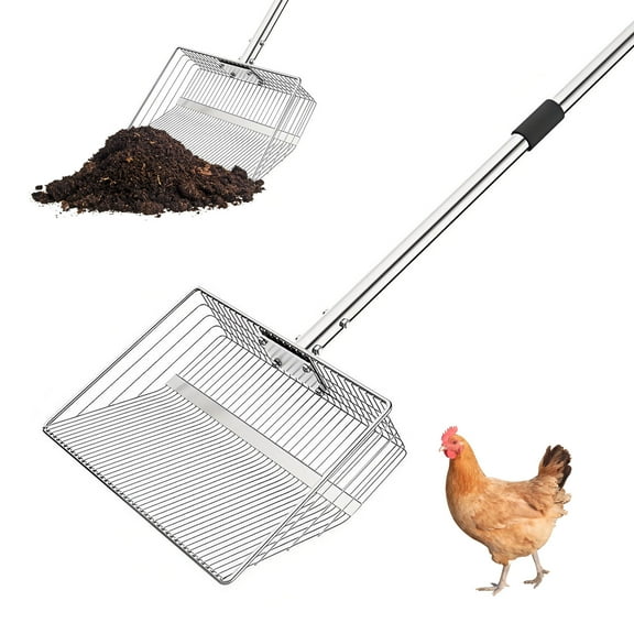Ataucjin Heavy Duty Chicken Coop Rake, Adjustable 24" to 72" Handle with 14.9" Wide Galvanized Scoop Head, Multi-Purpose Manure Scoop for Cleaning Chicken