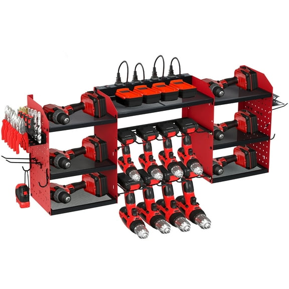 Ataucjin Heavy Duty Wall Mount Tool Organizer Rack, 3-Tier Metal Garage Storage with 8 Drill Slots & Hooks, 240 Lbs Capacity Power Tool Organizer for Workshop, Garage, Gift for Men
