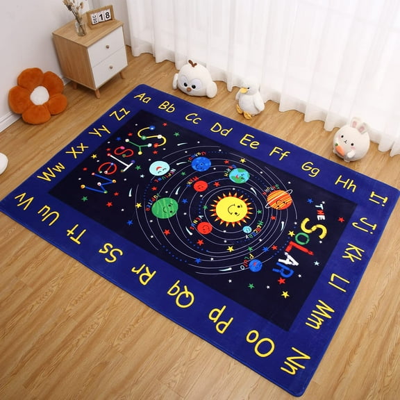 Ataucjin Kids Rug Educational Learning Carpet,Large Nursery Playmat Kidsroom Rug Non-Slip Ultra-Soft Galaxy Planets Stars Classroom Play Rug Solar System Area Rug for Playroom Bedroom