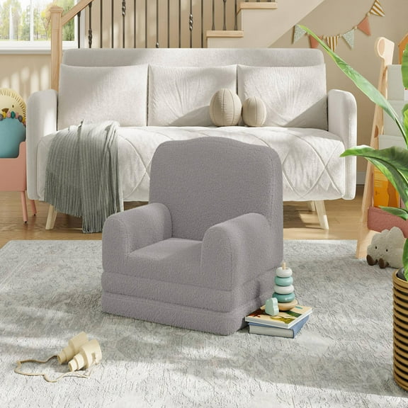 Ataucjin Kids Sofa Chair, Sherpa Convertible Toddler Couch with Washable Cover, Crown Design Comfy Children's Reading Chair,2-in-1 Fold Out Sofa Bed for Playroom, Nursery