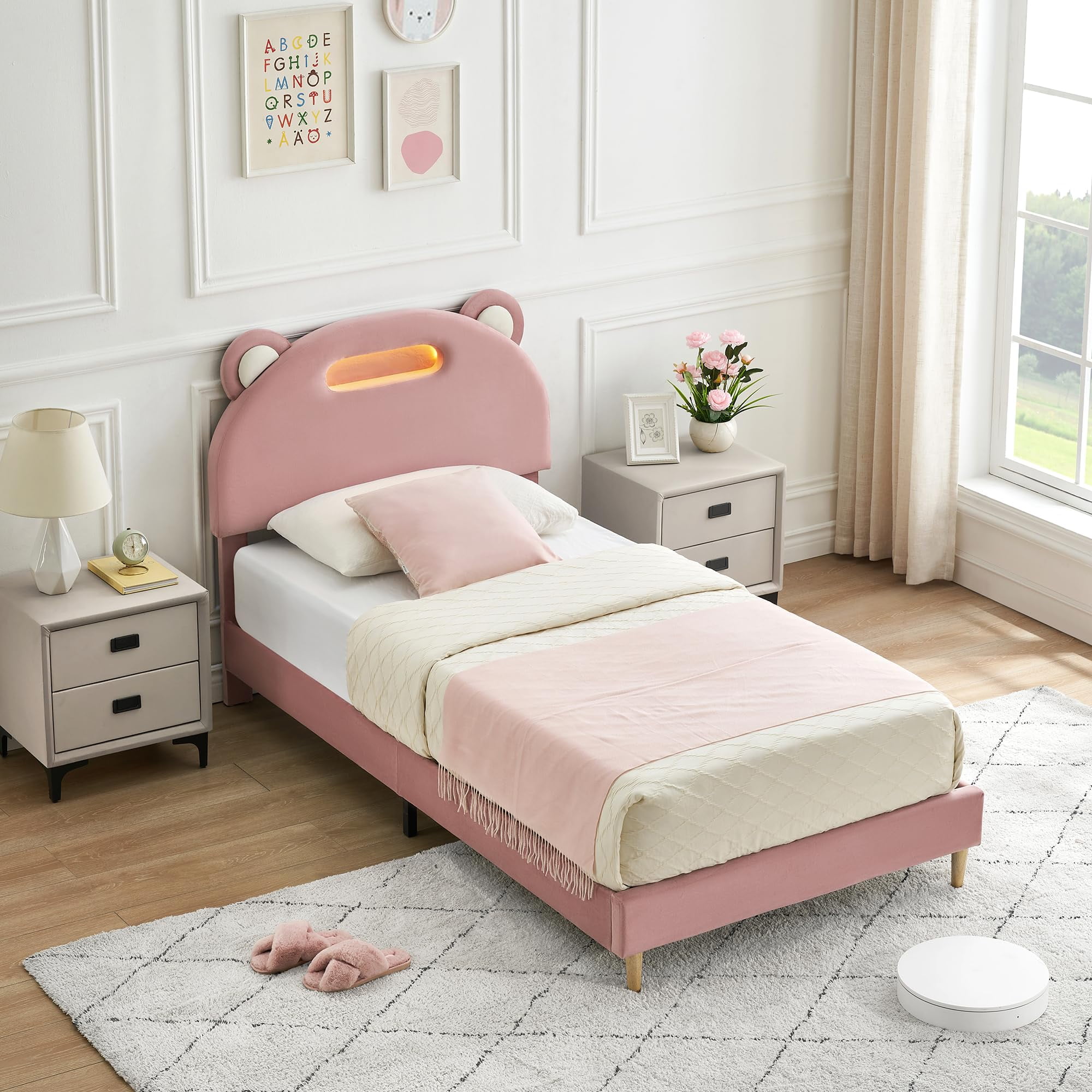 Ataucjin Kids Twin Size Bed Frame With LED Lights Headboard Modern Twin