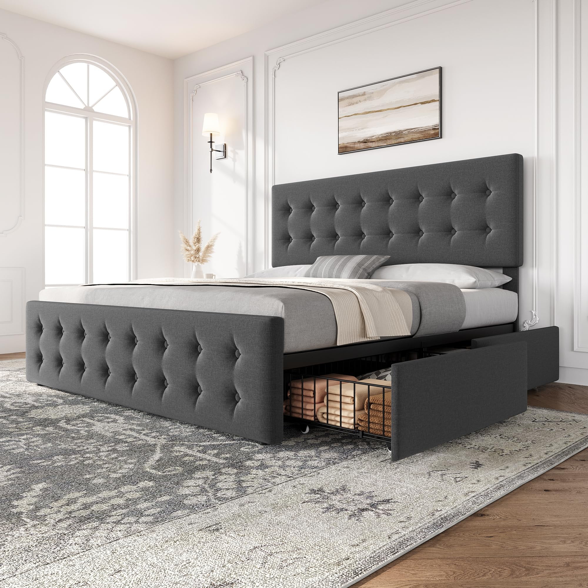Ataucjin King Size Bed Frame with 4 Storage Drawers and Headboard ...