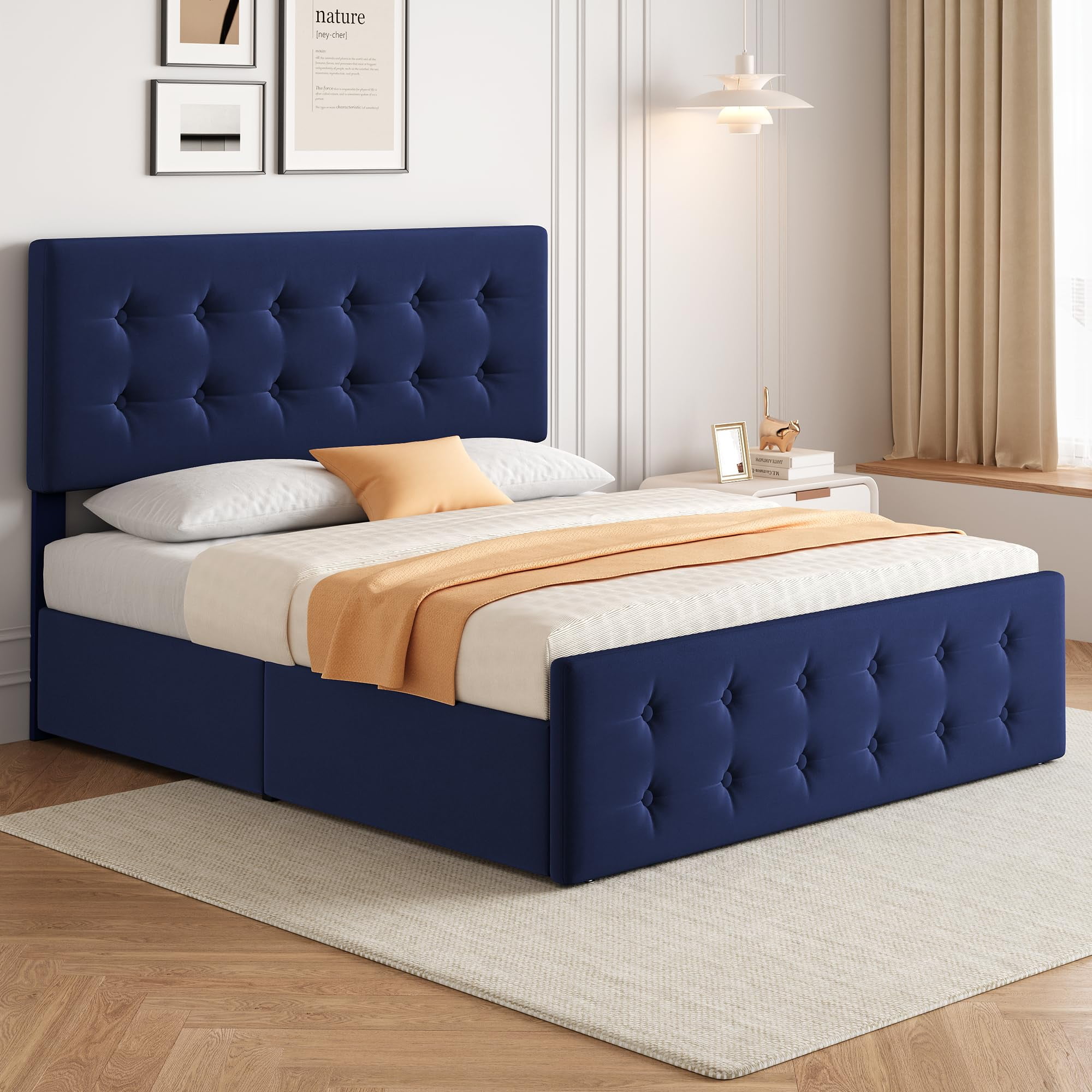 Ataucjin King Size Bed Frame with 4 Storage Drawers and Headboard, Linen Upholstered Platform Bed Frame with Wooden Slats Support, Button Tufted Design, No Box Spring Needed, Dark Grey