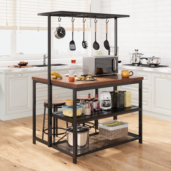 Ataucjin Kitchen Island with Storage, Bakers Rack, Island Table 42''Island Table for Kitchen with Seating Bakers Rack Microwave Oven Stand Shelf with 3 Tier Storage Shelf for Dining Room Living Room,