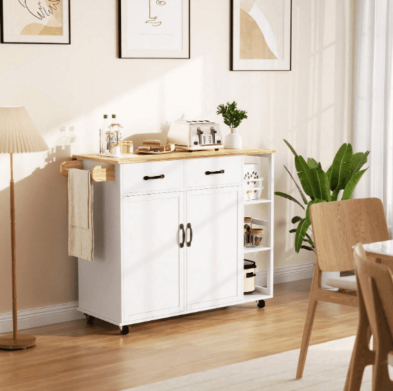 Ataucjin Kitchen Island with Wood Top and Drop Leaf Breakfast Bar Mobile Cart with 2 Door Cabinet,2 Storage Drawers,Spice Rack Towel Holder,Wine-Rack,Foldable Rubberwood Table Top,White