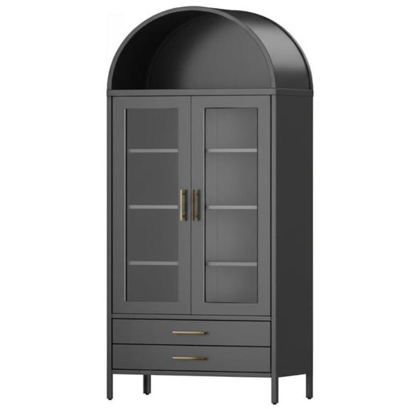 Ataucjin Kitchen Pantry Storage Cabinet, 73 in Tall Arched Cabinet with Glass Doors & 2 Storage Drawers, Modern Display Cabinet with 2 Adjustable Shelves for Living Dinning Room