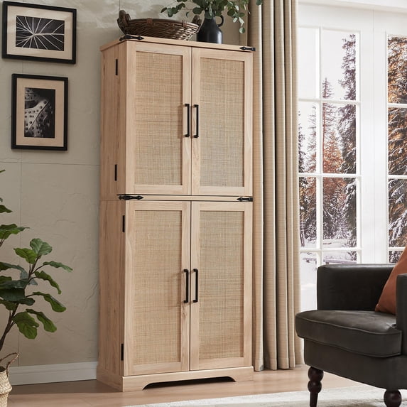 Ataucjin Kitchen Pantry With Rattan Doors, 72" inch Storage Cabinet With Organizer, Drawer And Adjustable Shelves, Wood Cupboard For Kitchen, Dining Room, Bathroom And Hallway, Natural Oak