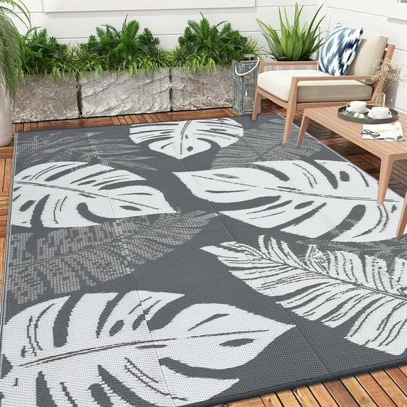 Ataucjin Large Outdoor Rug,8*12ft Waterproof Plastic Straw Rug, Modern Tropics Palm Leaves Camping Rug for Patio, Reversible Mat for Outside Patio RV Porch Deck Balcony