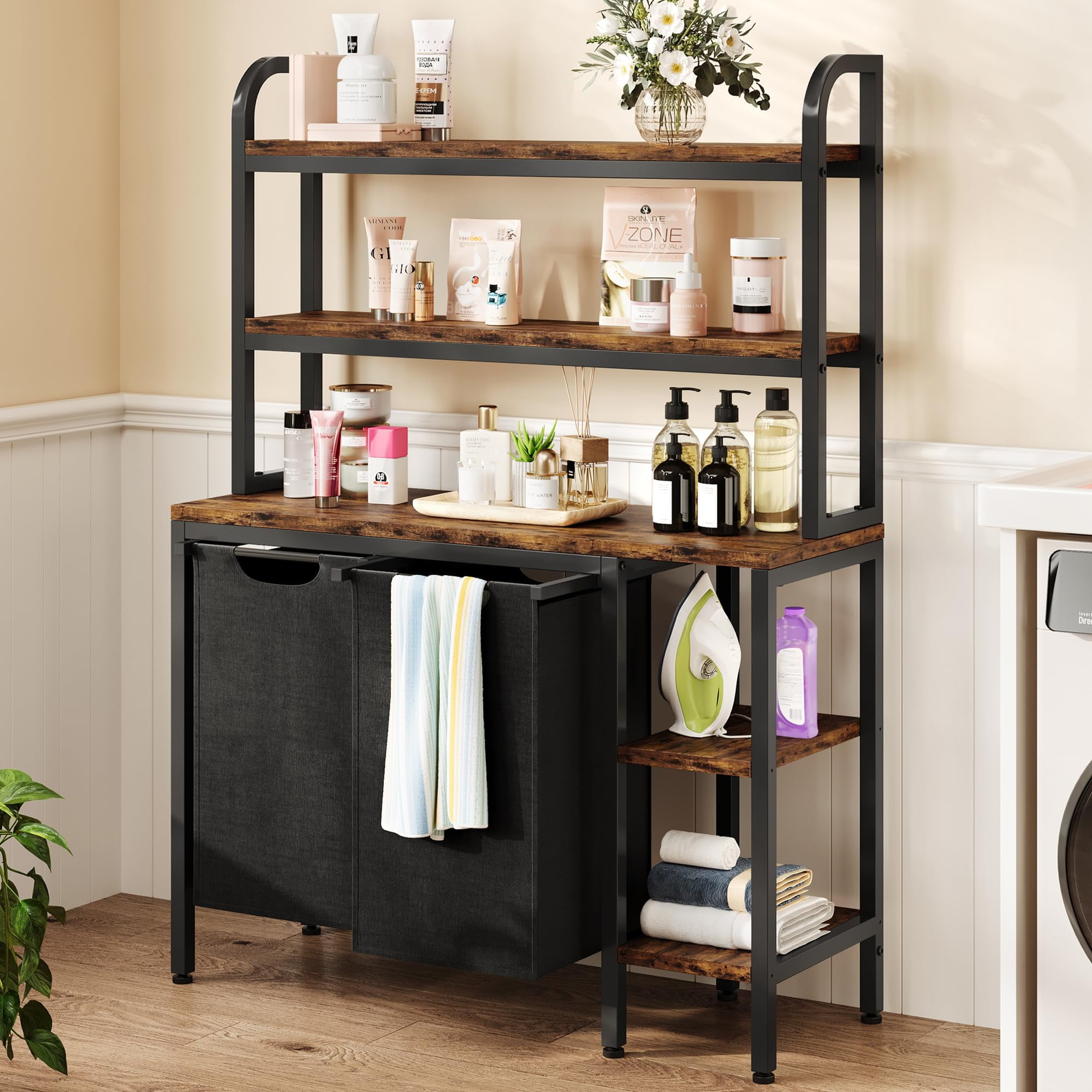 Black and Rustic Brown 3-Tier Laundry Sorter with Shelves