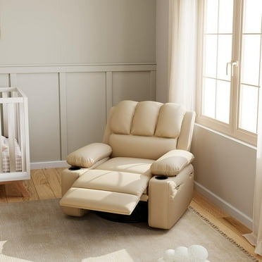 Ataucjin Leather Recliner Chair, Manual Rocking Recliner with Comfortable Arms and Cup Holders for Living Room，Large 21.2" Seat Width