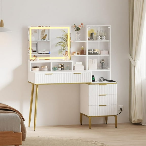 Ataucjin Makeup Vanity Desk with LED Lighted Mirror,Solid Wood Legs and Power Outlet,Modern Fluted Design with Storage Shelf for Bedroom or Dressing Room, Perfect for Women and Girls(ship in 2 boxes)