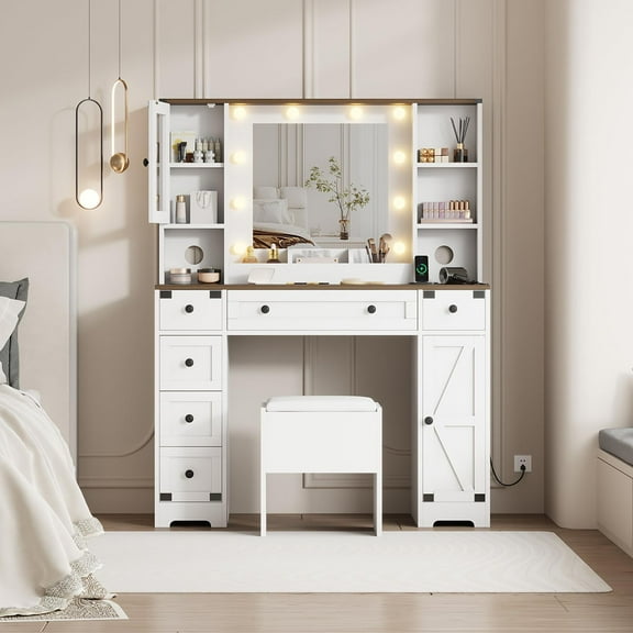 Ataucjin Makeup Vanity and Stool, Vanity Desk with Lights in 3 Colors, White Vanity Table with Charging Station, 6 Drawers and Cabinets(ship in 2 boxes)