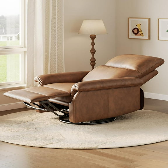 Ataucjin Manual Recliner Chair for Adults, PU Leather Swivel Rocker Recliner with Padded Armrests, Modern Upholstered Reclining Chair for Living Room or Nursery