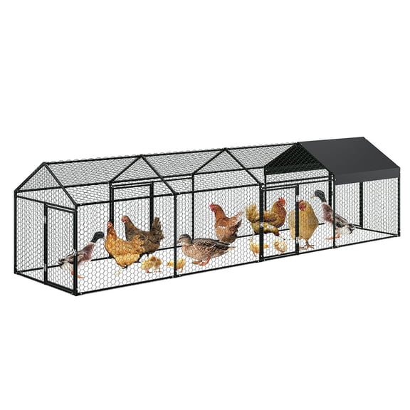 Ataucjin Metal Chicken Coop, Large Chicken Run with 3 Doors, Outdoor Hen House for Yard with Waterproof and Anti-UV Cover, Walk in Poultry Cage for Rabbit Duck Goose