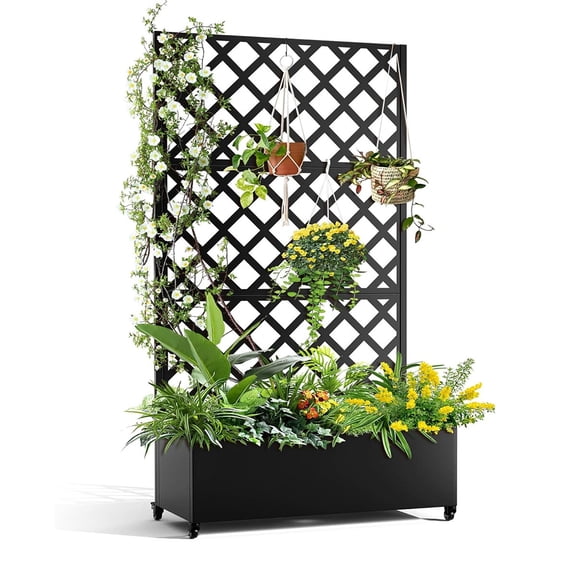 Ataucjin Metal Planter Box,Diamond Lattice Trellis Planter Box, for Climbing Plants and Vines, Galvanized Raised Garden Bed on Wheels, Garden Bed with Trellis