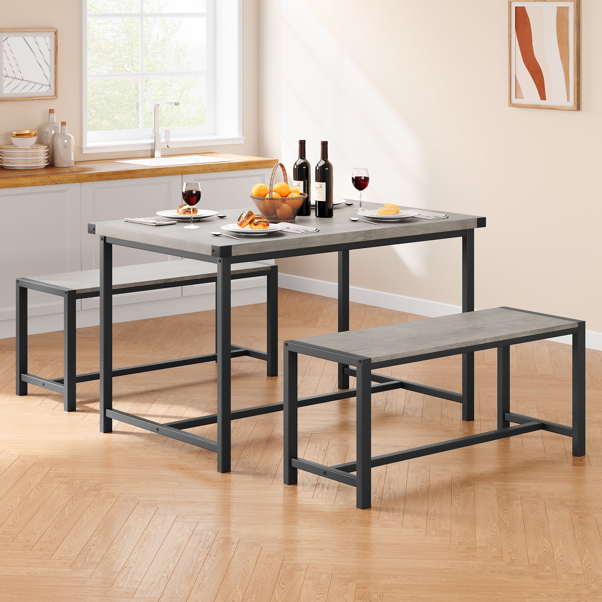 Ataucjin Metal Wood Dining Table Set For 4 3-Piece Kitchen Table With 2 ... - Metal And Wood Dining Tables