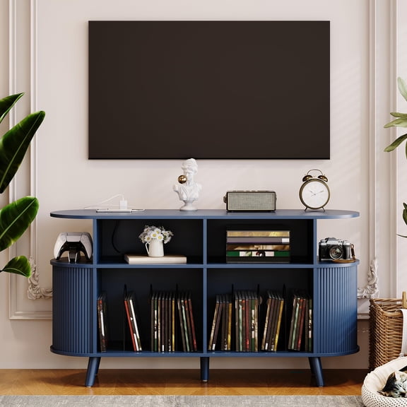 Ataucjin Mid-Century Modern Record Player Stand, 55" Large Fluted Turntable Table with Vinyl Storage, USB Charging Station, Power Outlets, Media Console for Living Room or Bedroom