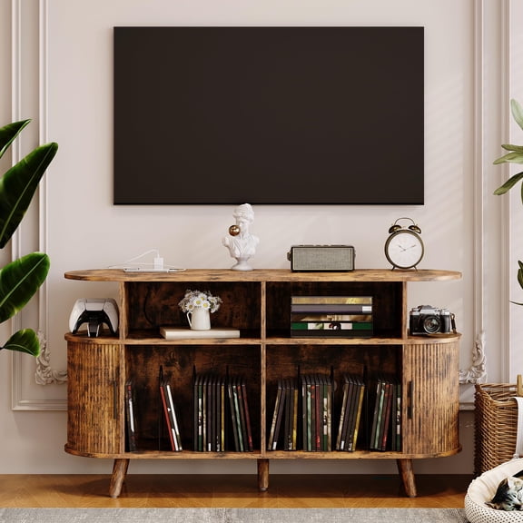 Ataucjin Mid-Century Modern Record Player Stand, 55" Large Fluted Turntable Table with Vinyl Storage, USB Charging Station, Power Outlets, Media Console for Living Room or Bedroom