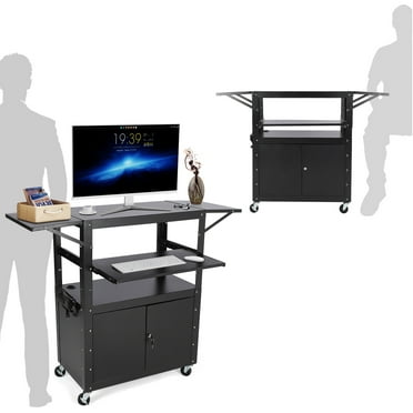 Ataucjin Mobile AV Cart with Locking Cabinet, Laptop Stand, Drop Leaves, Height Adjustable, Extra Storage Space, Power Strip