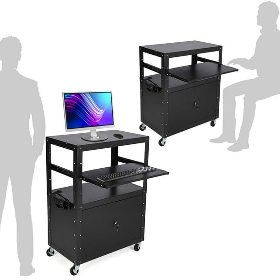 Ataucjin Mobile AV Cart with Locking Cabinet, Laptop Stand, Drop Leaves, Height Adjustable, Extra Storage Space, Power Strip