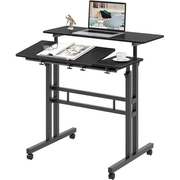Ataucjin Mobile Standing Desk, 26-43" H Adjustable Standing Computer Desk, double-deck Standing Adjustable Laptop Cart with Wheels for Home Office Classroom