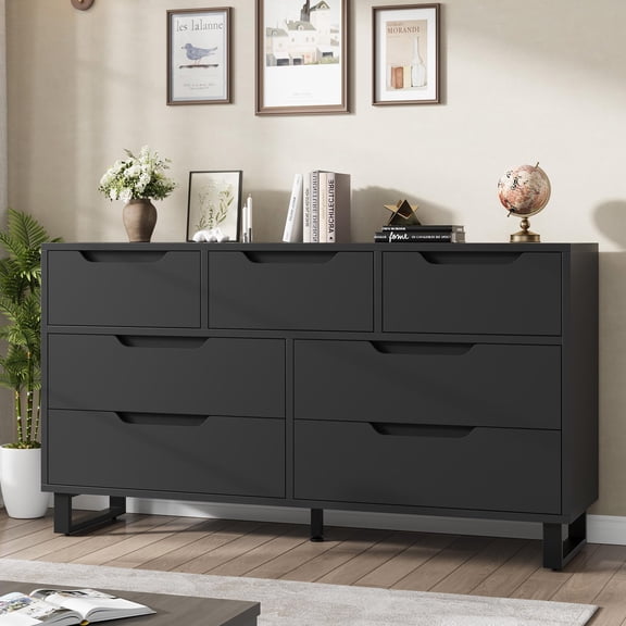 Ataucjin Modern 7 Drawer Dresser, 55" Wide Dresser for Bedroom, Freestanding Horizontal Drawer with Storage, Wooden Closet Chest Storage for Living Room, Hallway, Entryway