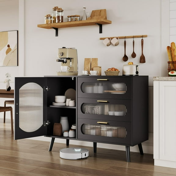 Ataucjin Modern Buffet Sideboard Cabinet with Storage and 3 Drawers,Fluted Glass Door,Elegant Credenza Storage Table,Black Sideboard for Kitchen, Dining Room,Living Room