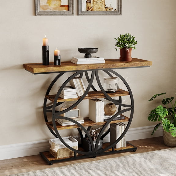 Ataucjin Modern Industrial Console Table, 41.3 Inch Narrow Hallway Table with 4 Shelves, Metal Frame, Stable Distinctive Design, Living Room, Foyer or Entrance