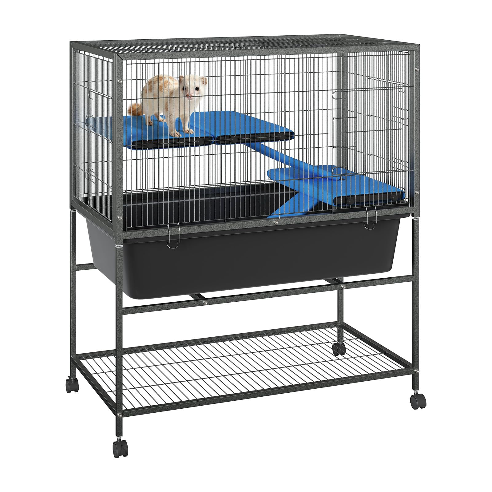 Ataucjin Multi-Level Metal Bird Cage for Small Pets, Removable Platforms & Deep Slide-Out Tray - Lockable Wheels & Storage Shelf,Ideal for Ferrets, Chinchillas, Rabbits, Squirrels