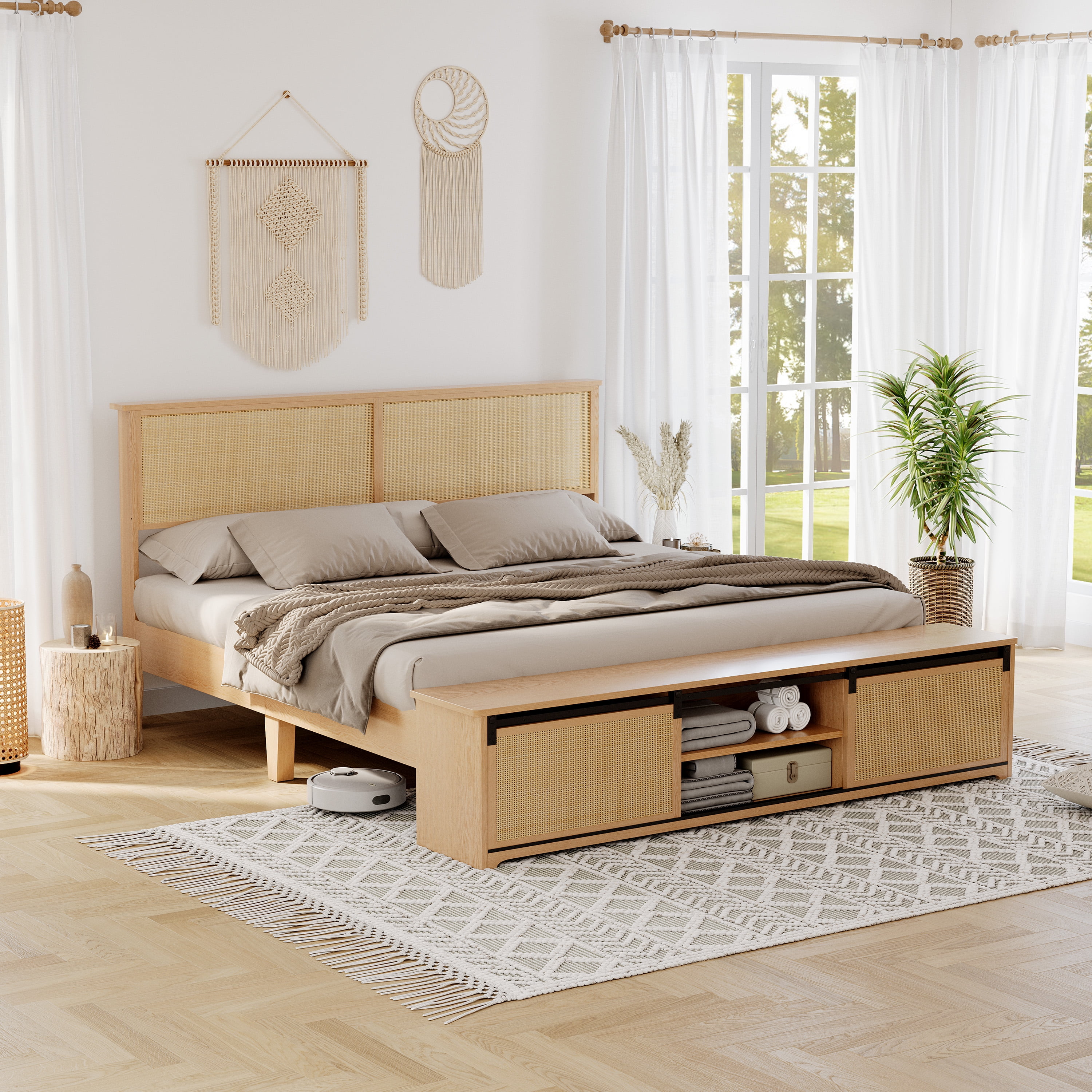 Ataucjin Natural Rattan Queen Size Bed Frame With Sliding Barn Door ataucjin-natural-rattan-queen-size-bed-frame-with-sliding-barn-door