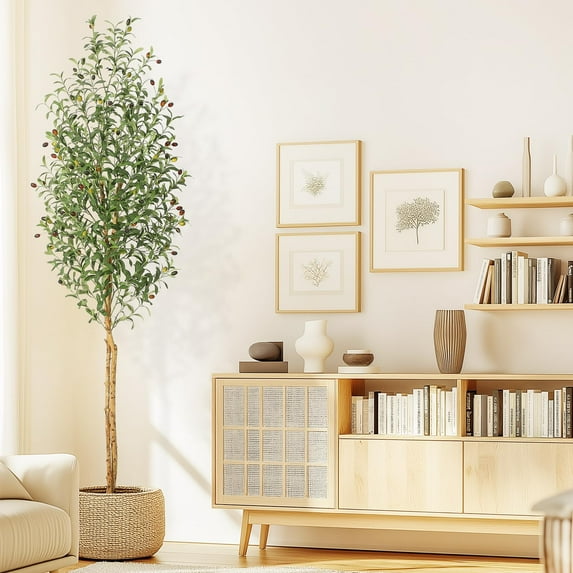 Ataucjin Olive Trees Artificial Indoor, 5FT Tall Faux Silk Plant White Planter, Fake Olive Trees with Natural Wood Trunk and Green Fake Moss for Home Office Decor