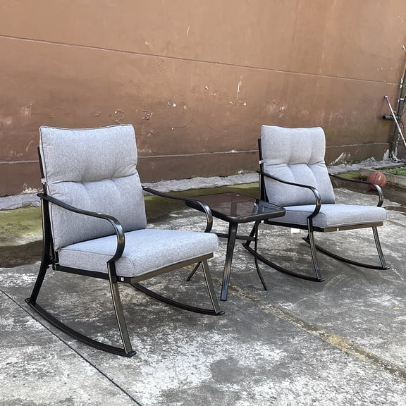 Ataucjin Outdoor 3-Piece Rocking Bistro Set, Patio Furniture Set, 2 Upholstered Rocker Armchairs With 1 Coffee Table, Outdoor Conversation Set For Patio, Deck, Backyard, Porch