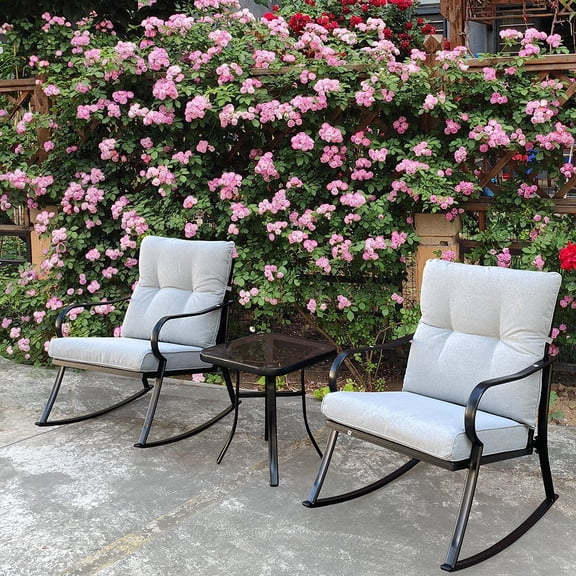 Ataucjin Outdoor 3-Piece Rocking Bistro Set, Patio Furniture Set, 2 Upholstered Rocker Armchairs With 1 Coffee Table, Outdoor Conversation Set For Patio, Deck, Backyard, Porch