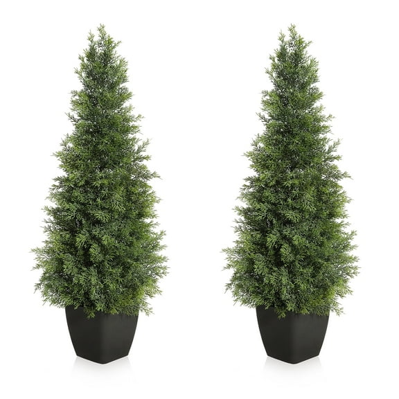 Ataucjin Outdoor Artificial Topiary Cedar Tree,3Ft/4Ft/5Ft Tall Faux Cedar Pine Trees,Potted Fake Cypress Plant,UV Rated Artificial Greenery Set for Home Decor Indoor/Outdoor,Set of 2
