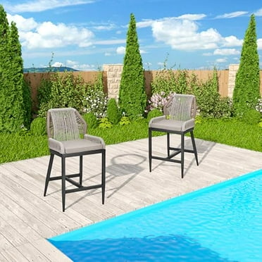 Ataucjin Outdoor Bar Stools - Set of 2 Counter Height Chairs with Back,Rattan Garden Counter Stools with Aluminum Frame,All-Weather Design,Modern Barstool with Backrest