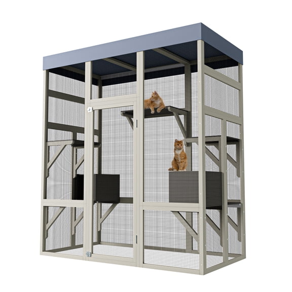 Ataucjin Outdoor Cat House, 70-inch Large Cats Cage with Window Access, Cats Shelter with Walk-in Platform/Resting Box/Weatherproof Canopy, Suitable for Multi-Cat Yard Enclosures(ship in 2 boxes)