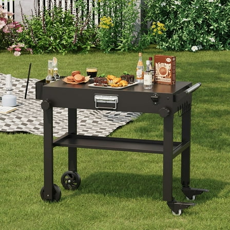 Ataucjin Outdoor Prep Table + Indoor Mobile Kitchen Cart,Heavy Duty BBQ Grill Station with Foldable Shelves, Perfect for Blackstone Griddle Stand, Outdoor Cooking Station & Compact Storage