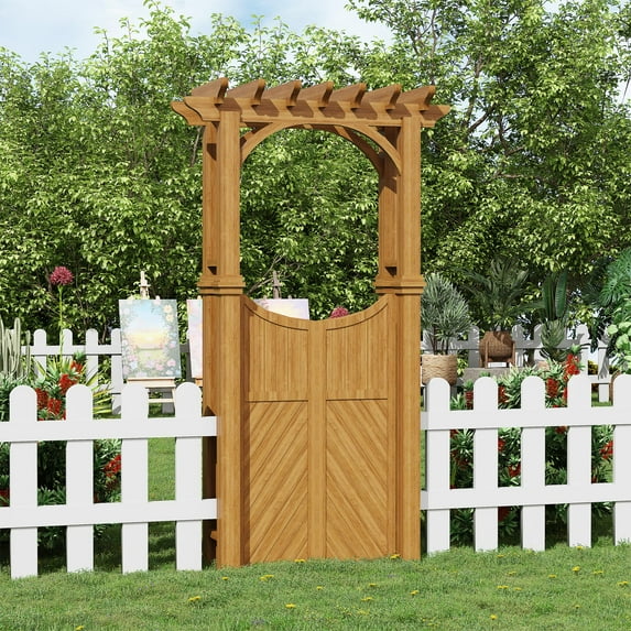 Ataucjin Outdoor Wooden Arch Trellis, Wood Garden Arbor with Gate, Wood Arbor for Climbing Planting Plant Stand, Yard, Garden Decor