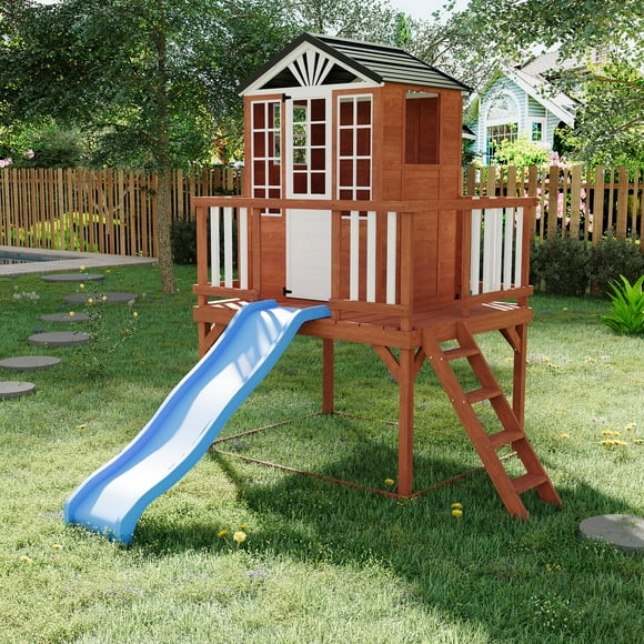 Ataucjin Outdoor Wooden Playhouse,Kids Playhouse with Slide, 2 Story Wooden Playhouse with Climbing Wall, Elevated Cedar Wooden Kids Playhouse(ship in 2 boxes)