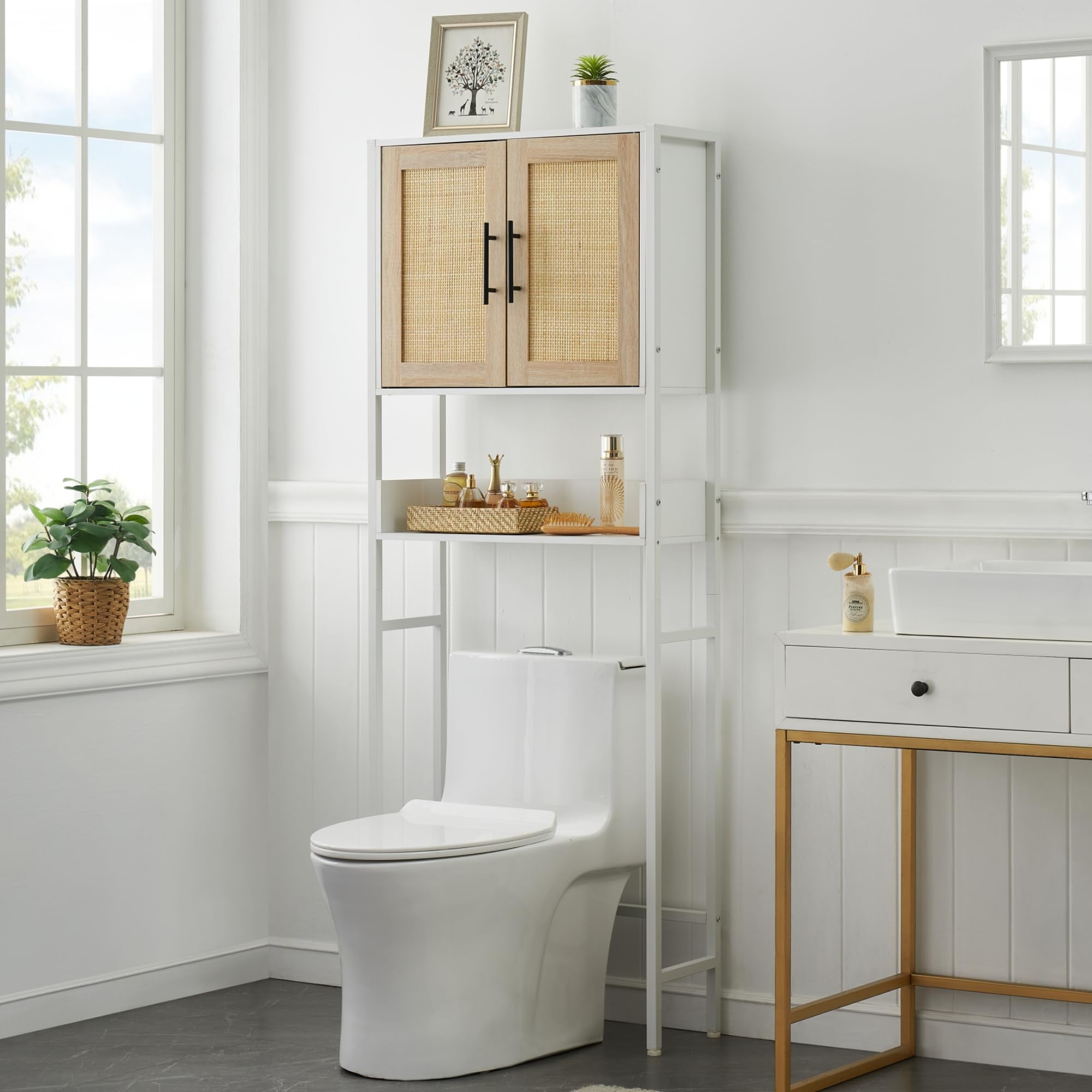 White Wood Over-the-Toilet Storage Cabinet with Rattan Doors