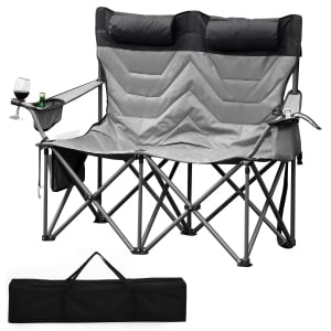 Ataucjin Oversized Double Folding Camping Chair Loveseat, Heavy Duty Outdoor Padded Portable Chair for 2 Person with Cup Holder, Cooler Bag, Side & Back Pocket