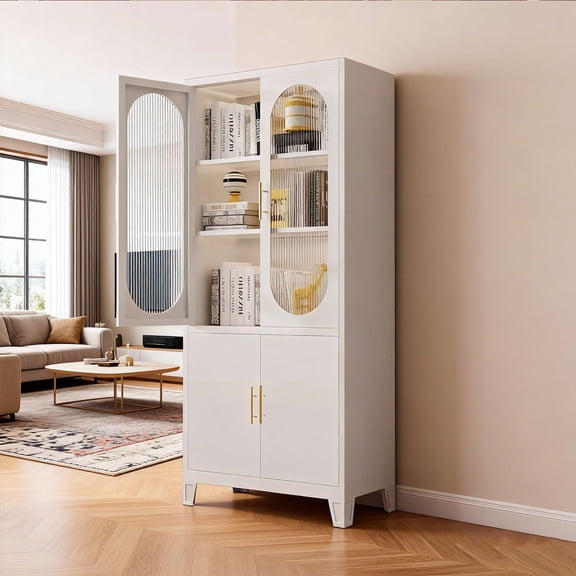 Ataucjin Pantry Cabinet with Fluted Glass Doors, 71" Kitchen Storage Cabinet, Metal Accent Storage Cupboard for Dining Room and Kitchen Organization