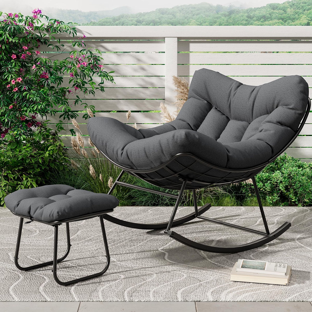 Ataucjin Papasan Rocking Chair with Footrest, Oversized Lounge Chair ...